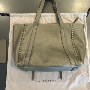 All Saints moss green leather tote with top zipper, pouch and original dust bag